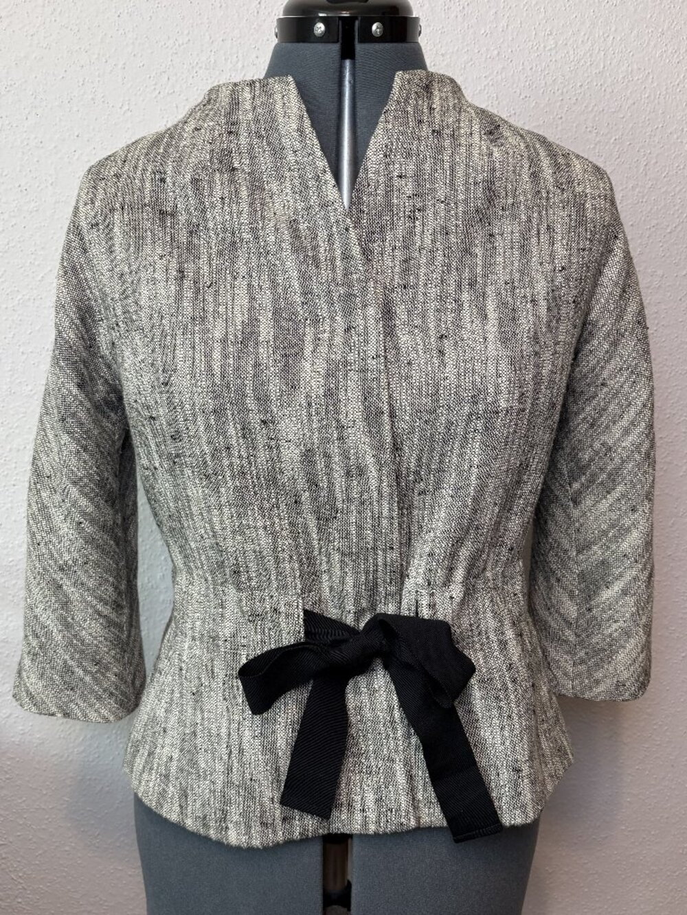 Talbots Collection 8P Black Ivory Tweed Bow Tie Waist Jacket Cotton Linen Blend